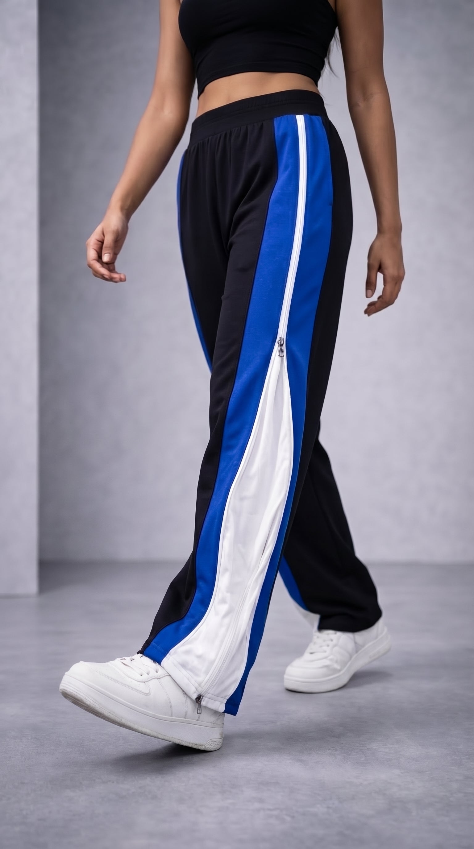 Side Zip Track Pants – Relaxed Fit | Black with Blue Panel