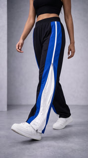 Side Zip Track Pants – Relaxed Fit | Black with Blue Panel