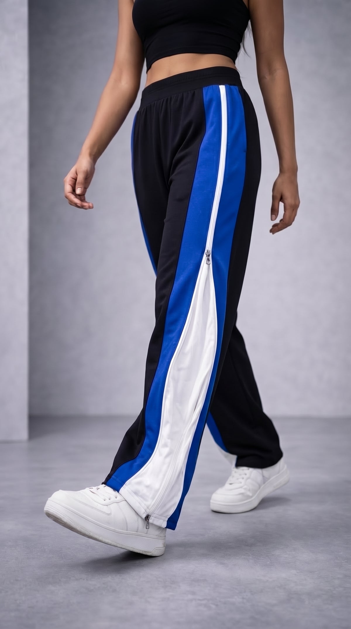 Side Zip Track Pants – Relaxed Fit | Black with Blue Panel-6