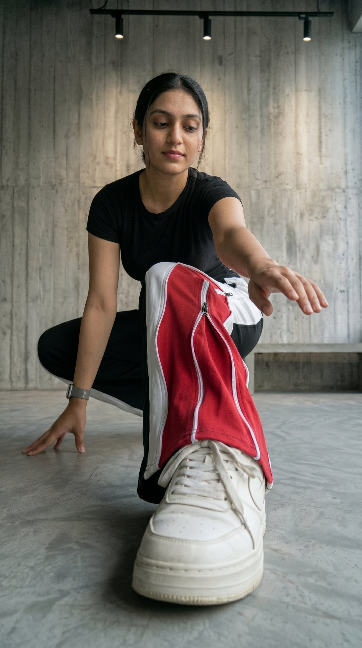 Triple Layer Zip Track Pants – Relaxed Fit | Black with White & Red Panel 260 GSM-8