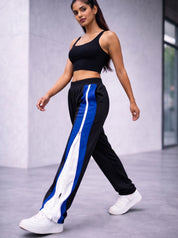 Side Zip Track Pants – Relaxed Fit | Black with Blue Panel