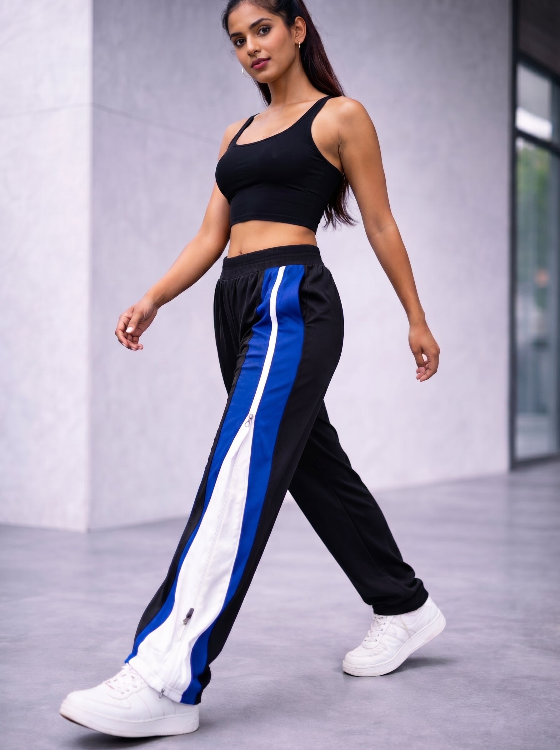 Side Zip Track Pants – Relaxed Fit | Black with Blue Panel