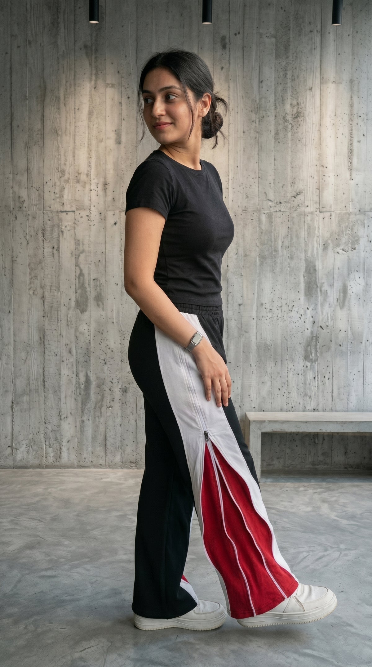 Triple Layer Zip Track Pants – Relaxed Fit | Black with White & Red Panel 260 GSM-10