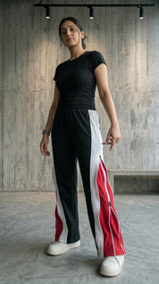 Triple Layer Zip Track Pants – Relaxed Fit | Black with White & Red Panel 260 GSM