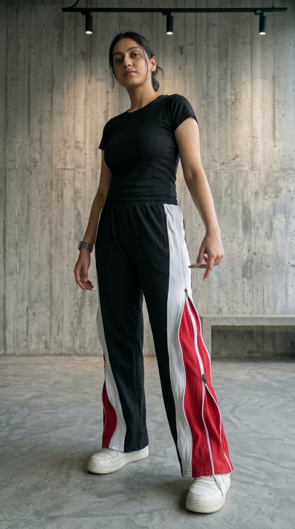 Triple Layer Zip Track Pants – Relaxed Fit | Black with White & Red Panel 260 GSM-6