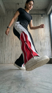 Triple Layer Zip Track Pants – Relaxed Fit | Black with White & Red Panel 260 GSM