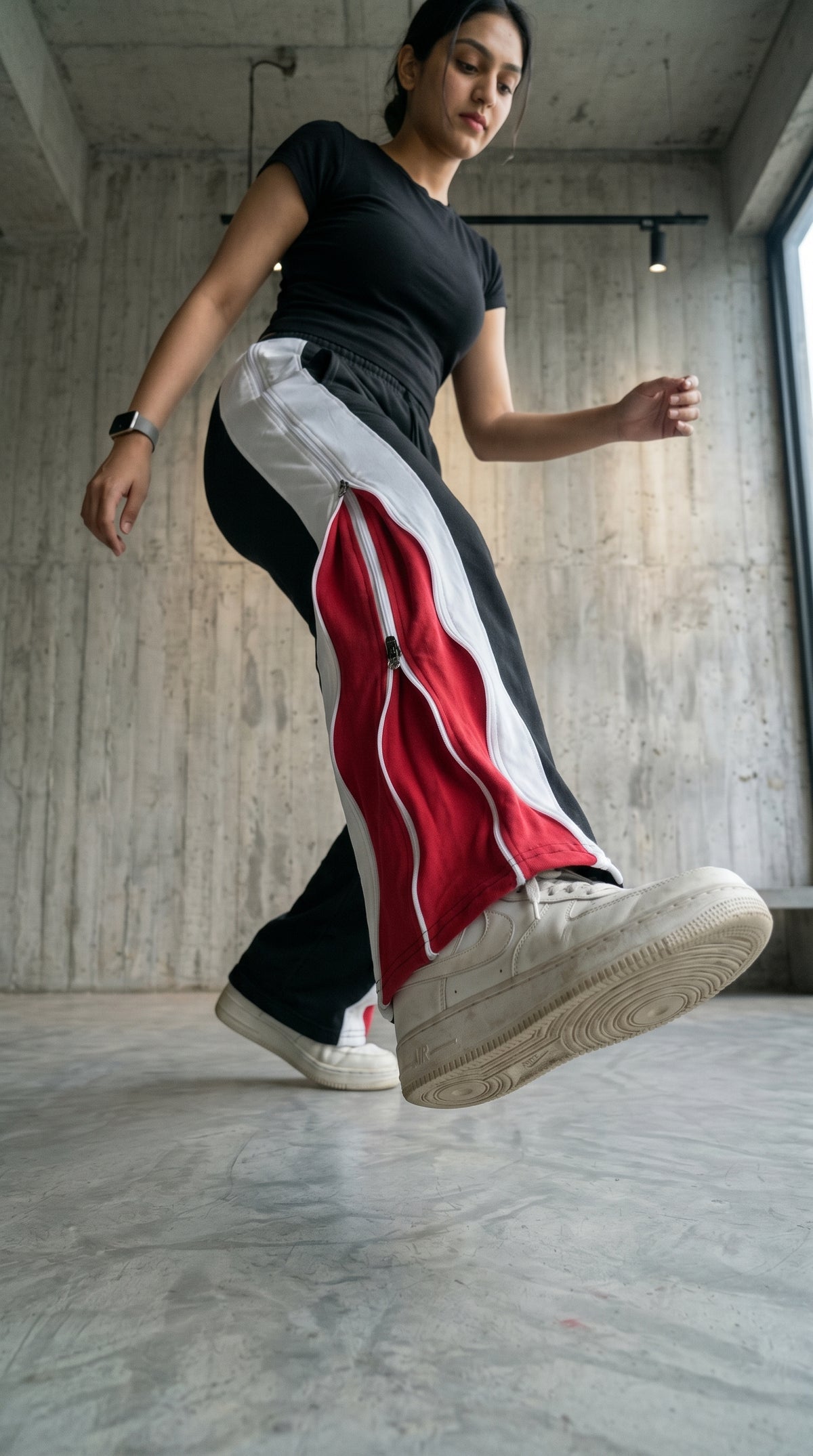 Triple Layer Zip Track Pants – Relaxed Fit | Black with White & Red Panel 260 GSM-5