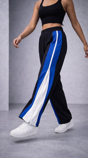 Side Zip Track Pants – Relaxed Fit | Black with Blue Panel