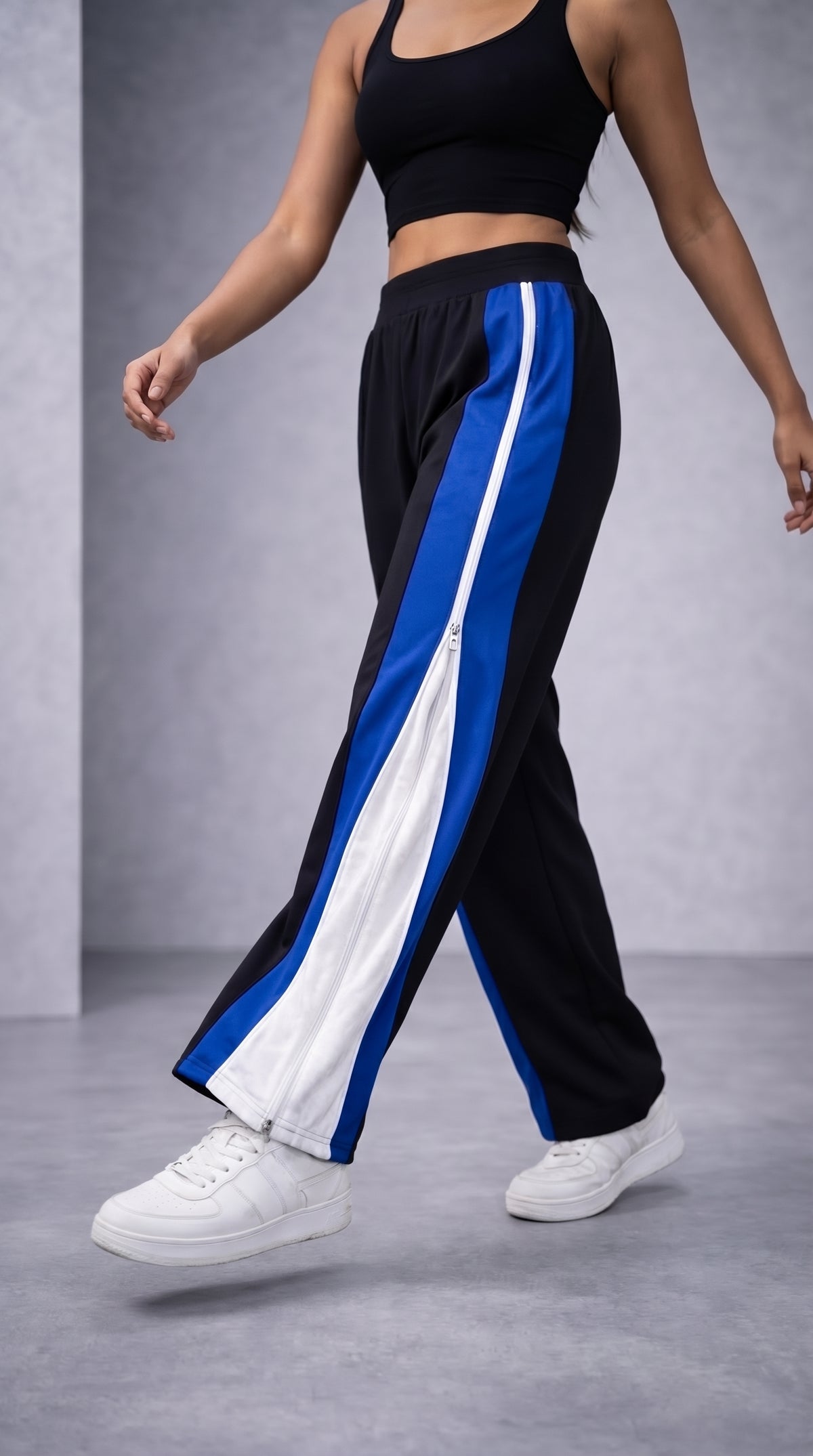 Side Zip Track Pants – Relaxed Fit | Black with Blue Panel-8