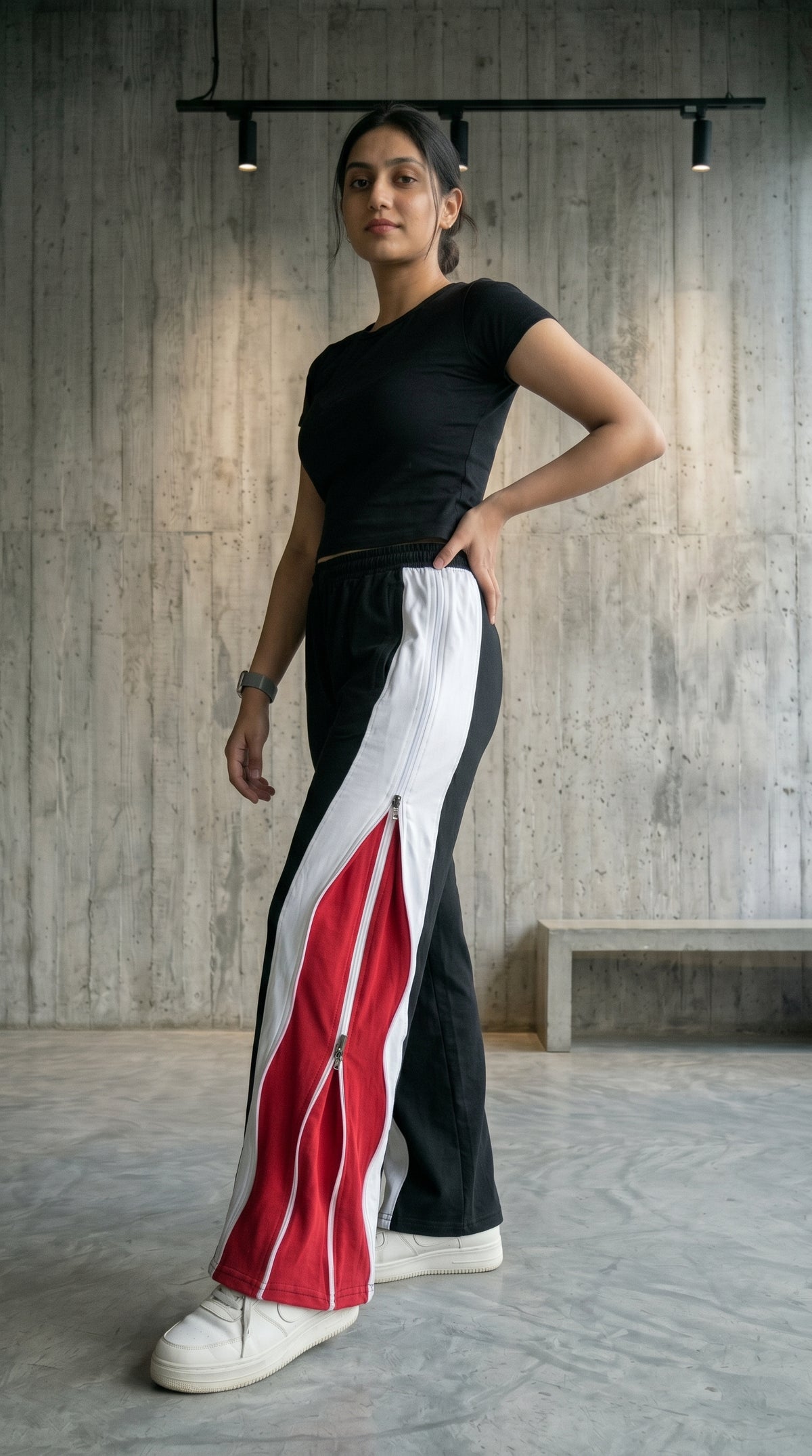Triple Layer Zip Track Pants – Relaxed Fit | Black with White & Red Panel 260 GSM-7