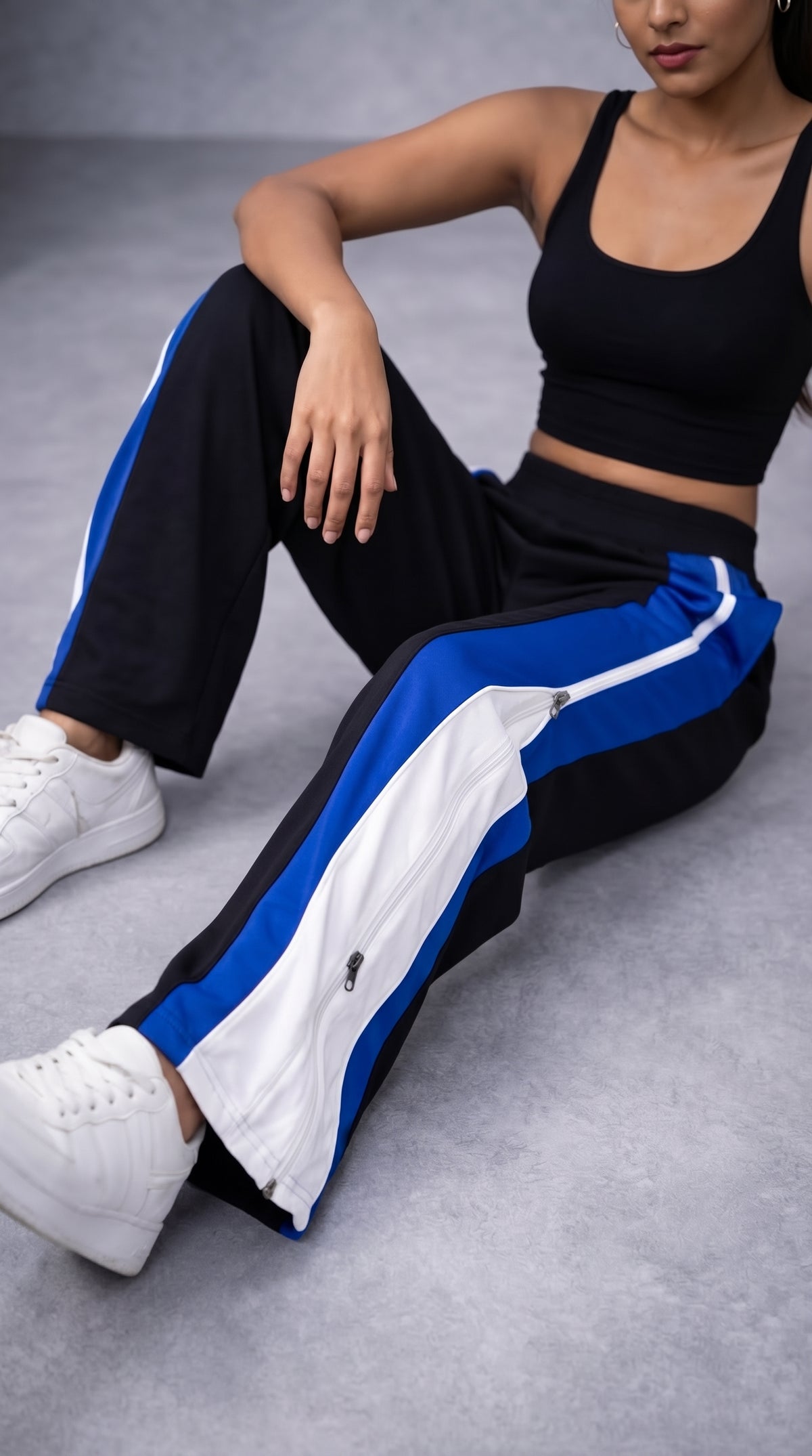 Side Zip Track Pants – Relaxed Fit | Black with Blue Panel-9