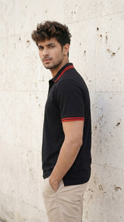 Black Polo Tee with Crimson Stripe Detail