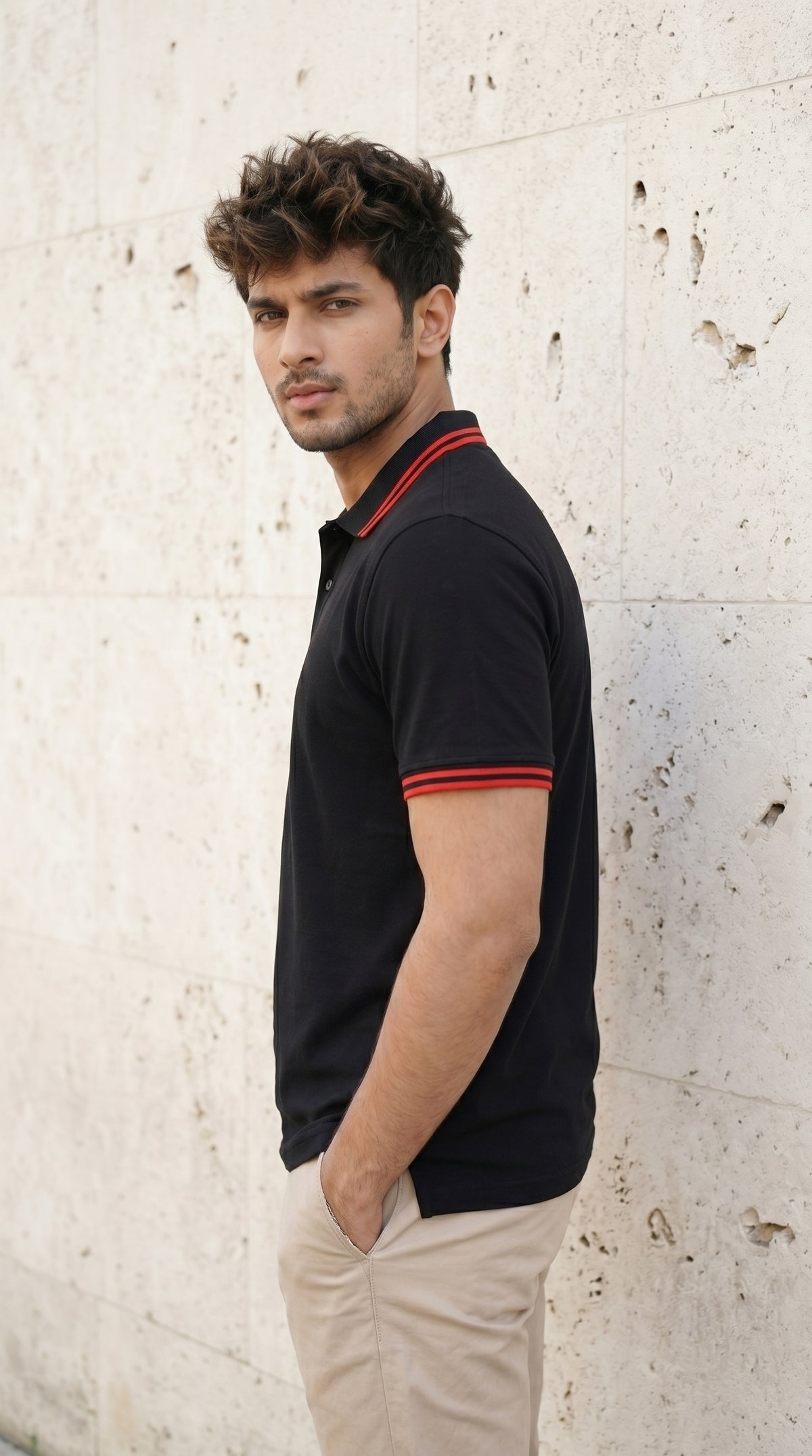 Black Polo Tee with Crimson Stripe Detail-6