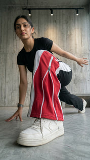 Triple Layer Zip Track Pants – Relaxed Fit | Black with White & Red Panel 260 GSM