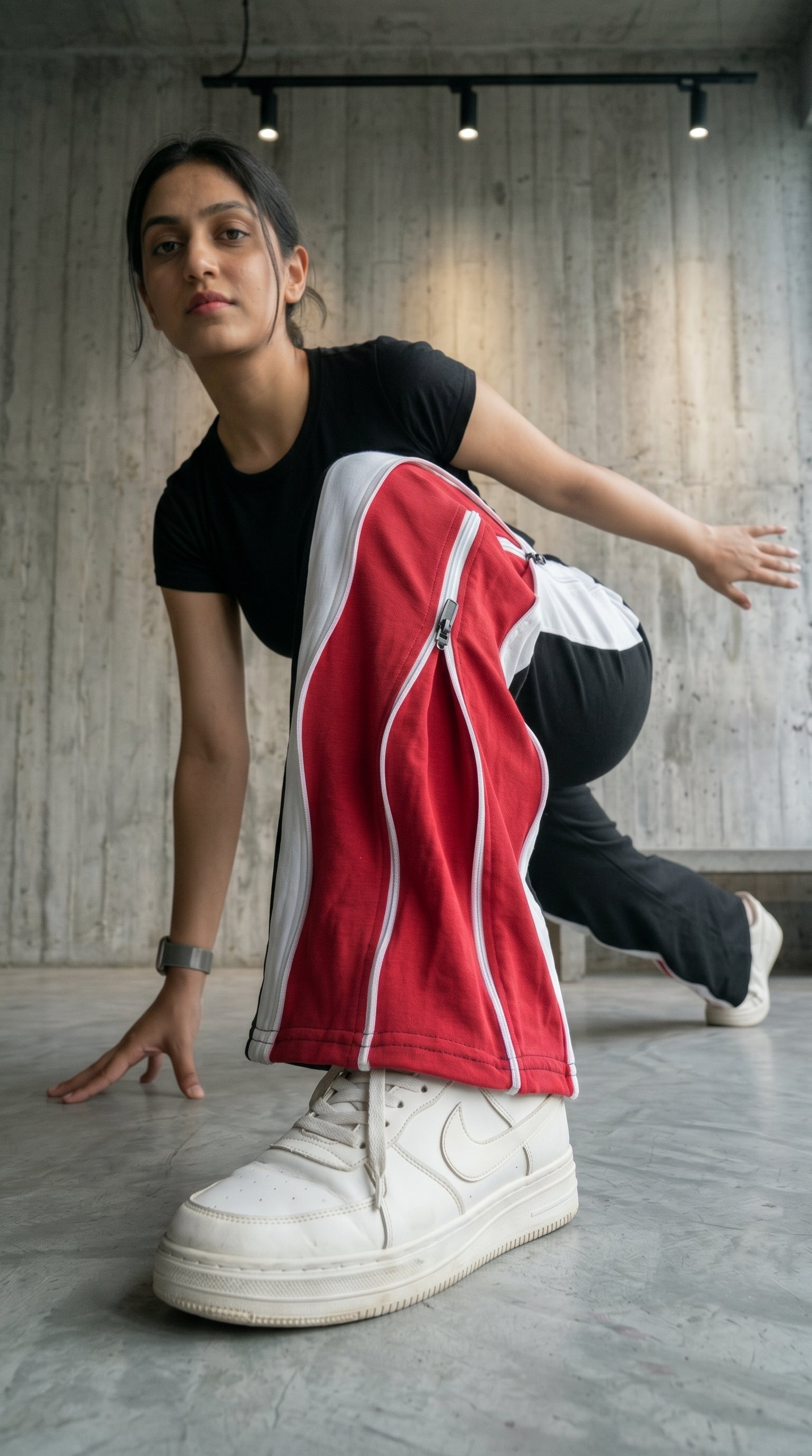 Triple Layer Zip Track Pants – Relaxed Fit | Black with White & Red Panel 260 GSM
