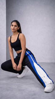 Side Zip Track Pants – Relaxed Fit | Black with Blue Panel