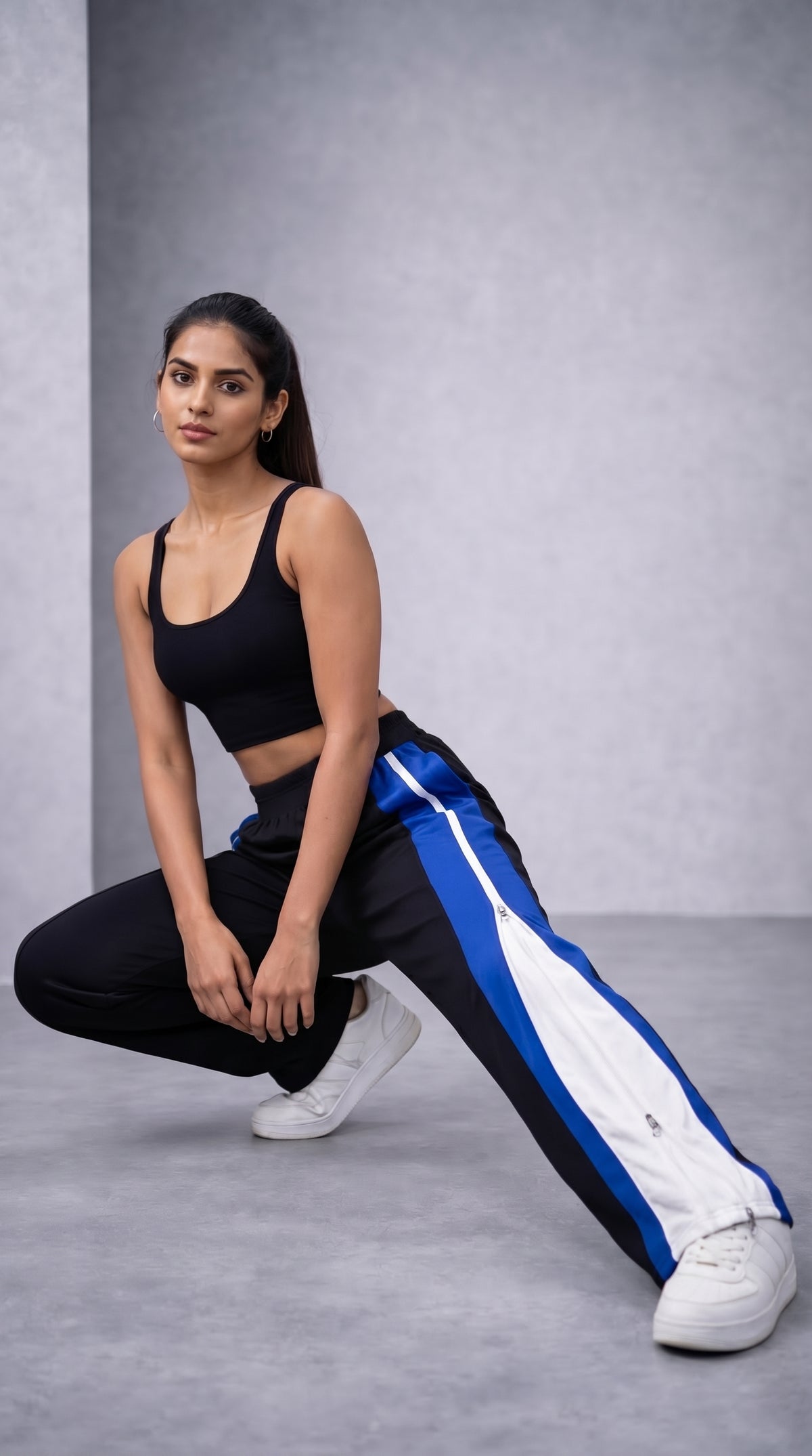 Side Zip Track Pants – Relaxed Fit | Black with Blue Panel-10