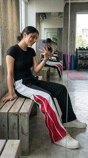 Triple Layer Zip Track Pants – Relaxed Fit | Black with White & Red Panel 260 GSM