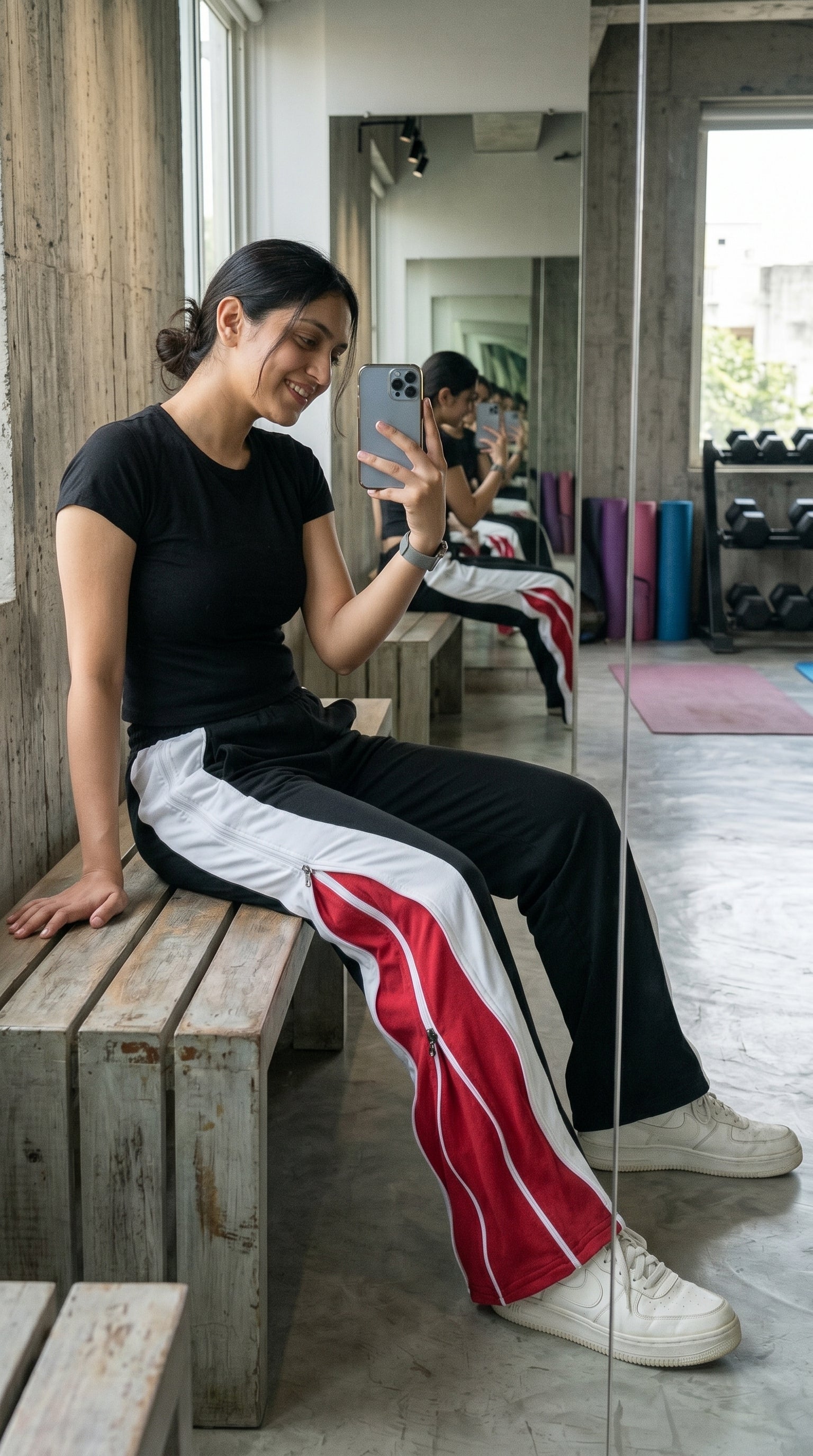 Triple Layer Zip Track Pants – Relaxed Fit | Black with White & Red Panel 260 GSM