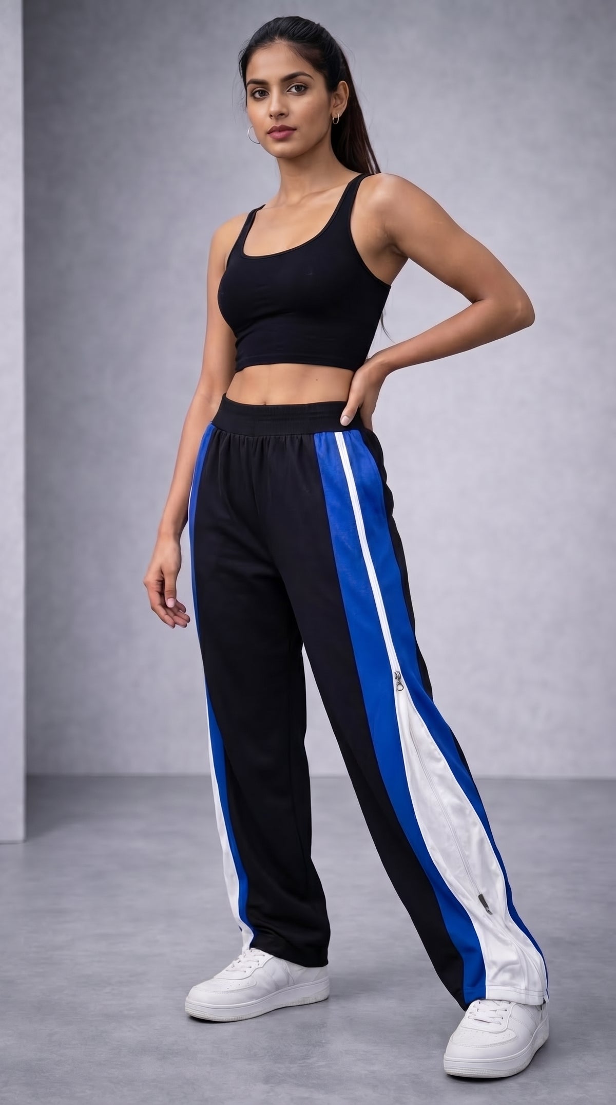 Side Zip Track Pants – Relaxed Fit | Black with Blue Panel-5