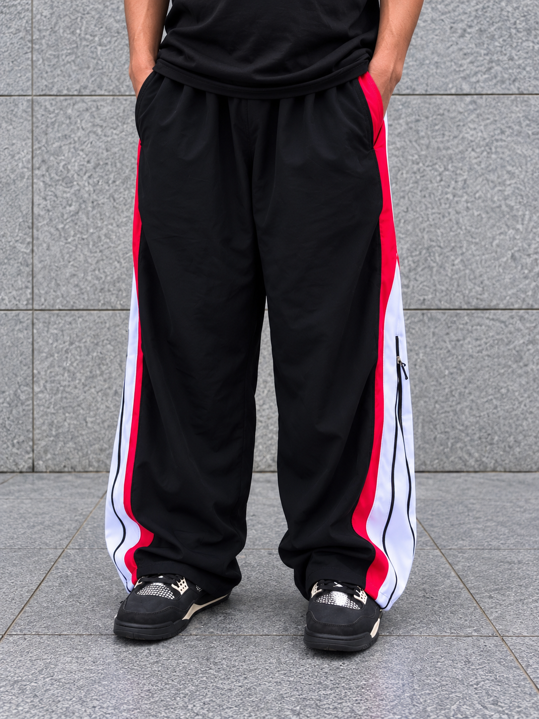 Crimson Split Zip Track Pants – Black with Red/White Panel-5
