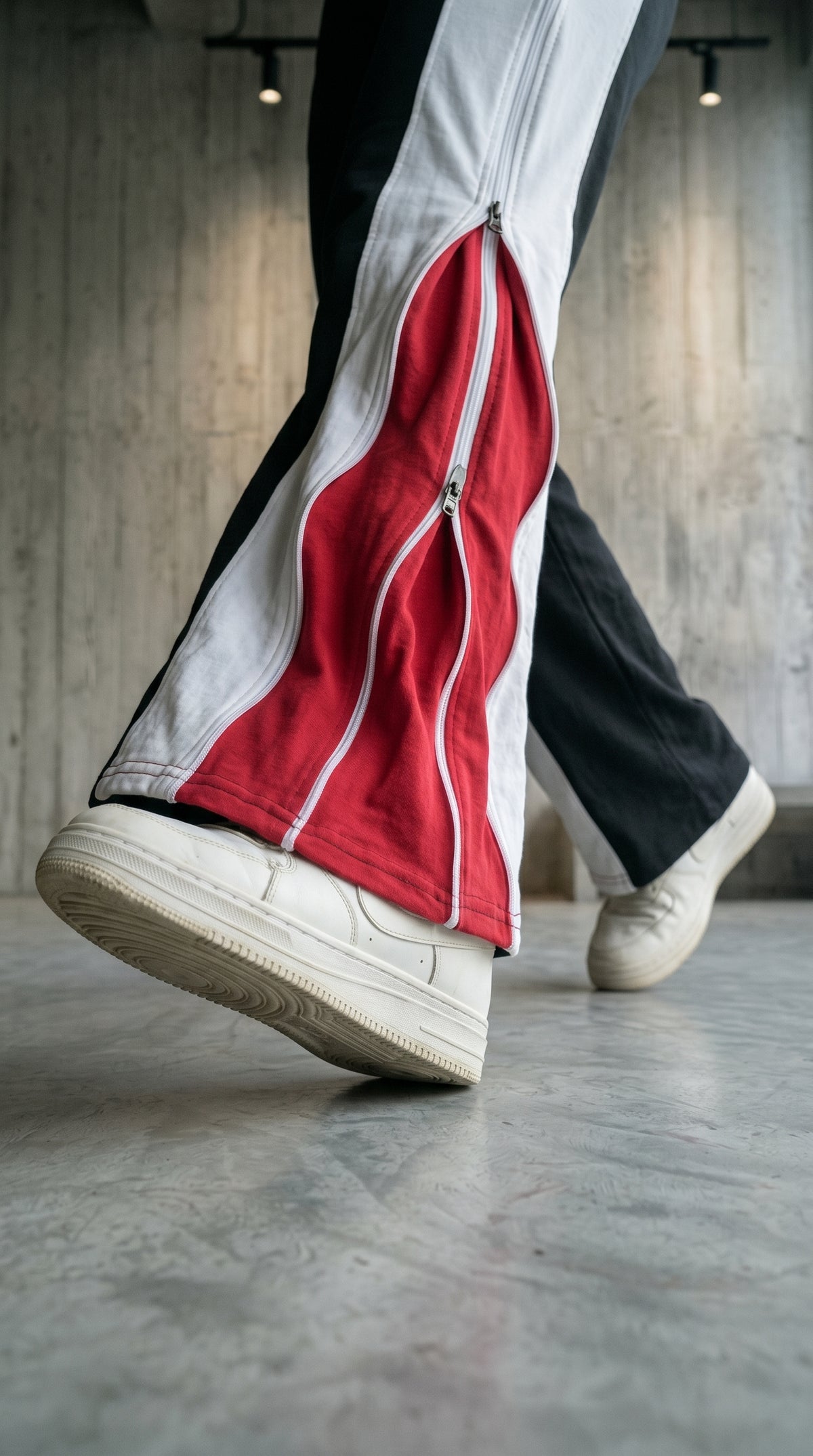 Triple Layer Zip Track Pants – Relaxed Fit | Black with White & Red Panel 260 GSM-3