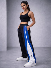 Side Zip Track Pants – Relaxed Fit | Black with Blue Panel