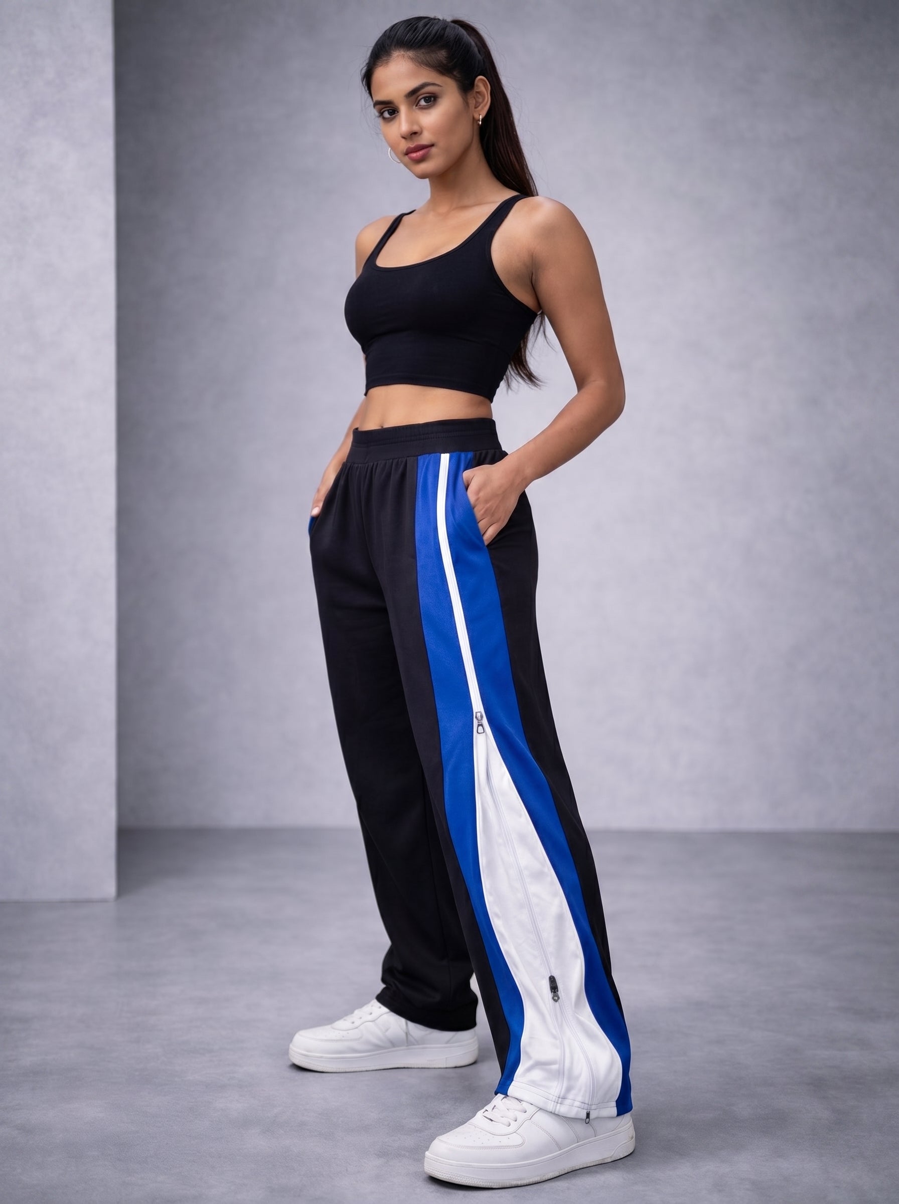 Side Zip Track Pants – Relaxed Fit | Black with Blue Panel