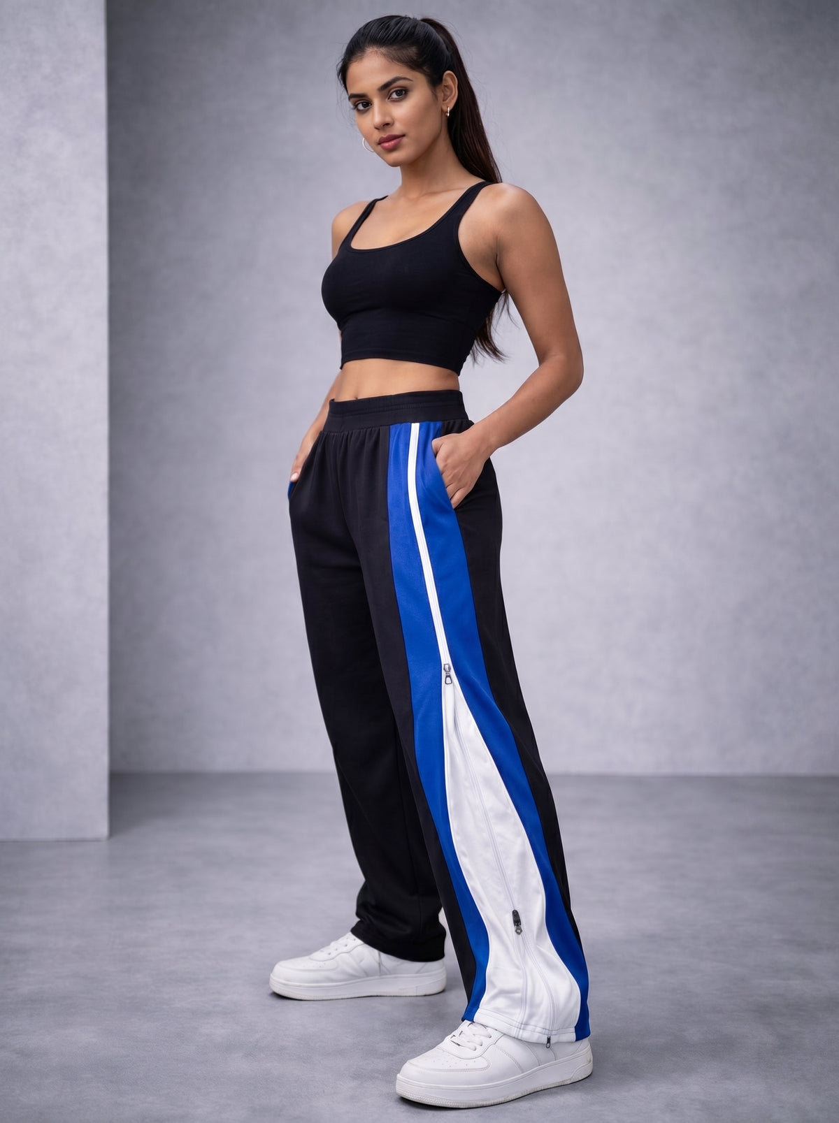 Side Zip Track Pants – Relaxed Fit | Black with Blue Panel-4