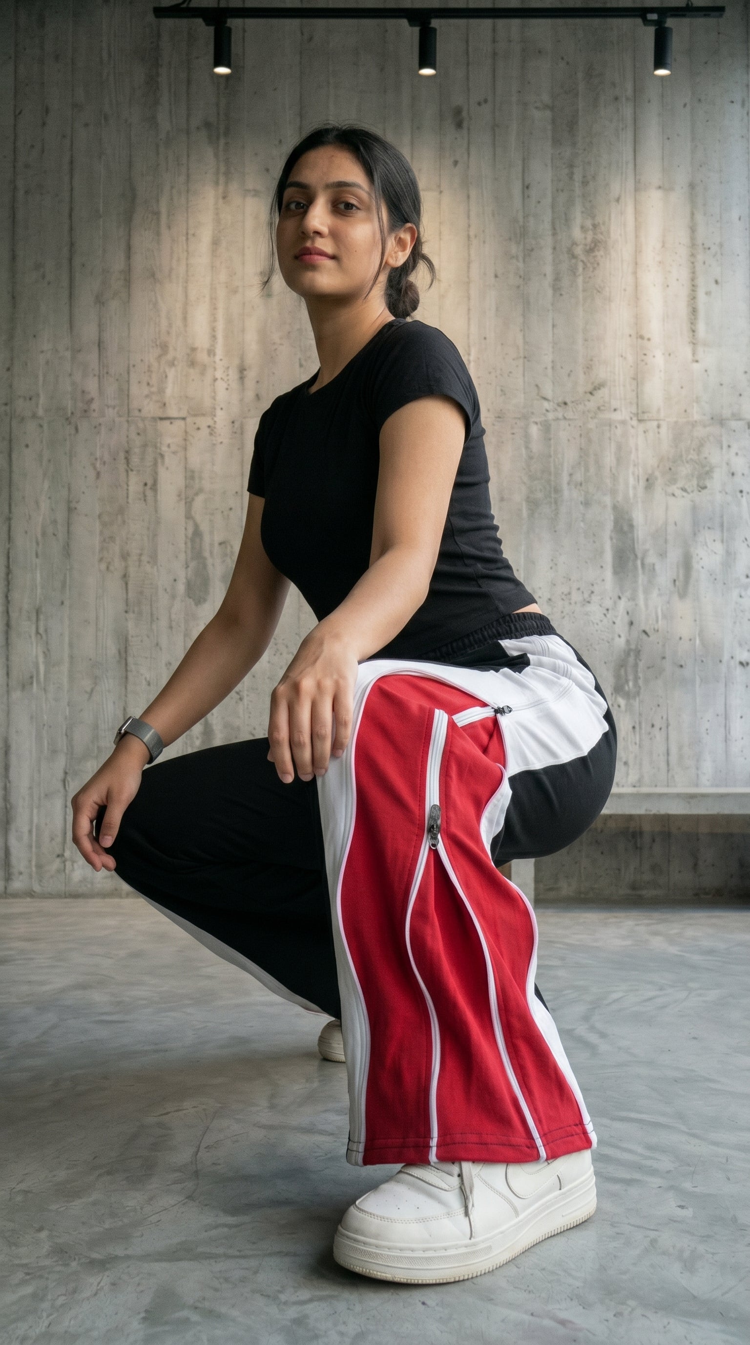 Triple Layer Zip Track Pants – Relaxed Fit | Black with White & Red Panel 260 GSM