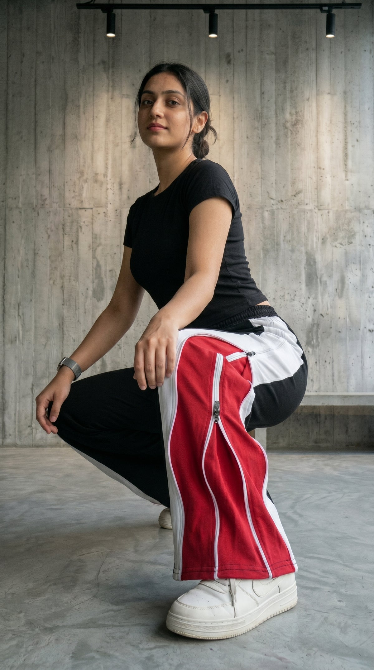 Triple Layer Zip Track Pants – Relaxed Fit | Black with White & Red Panel 260 GSM-4
