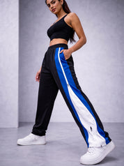 Side Zip Track Pants – Relaxed Fit | Black with Blue Panel