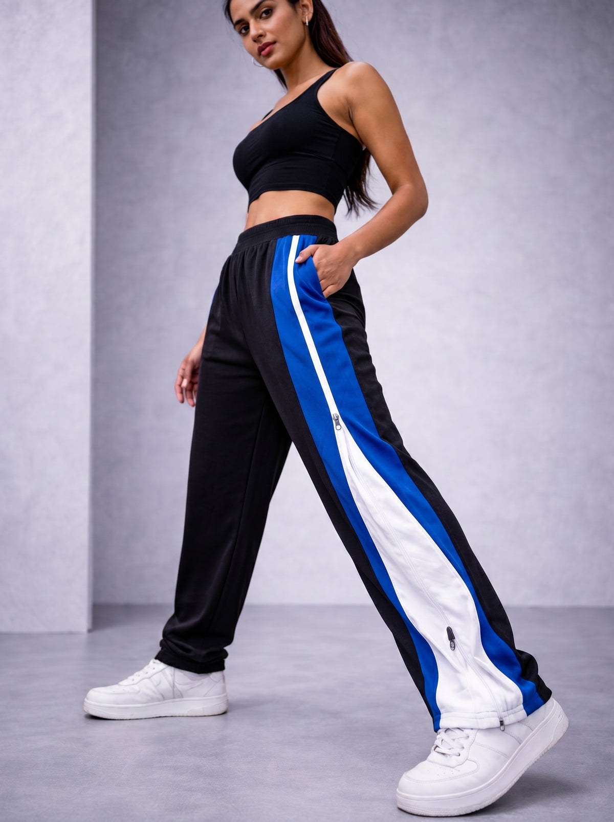 Side Zip Track Pants – Relaxed Fit | Black with Blue Panel-3