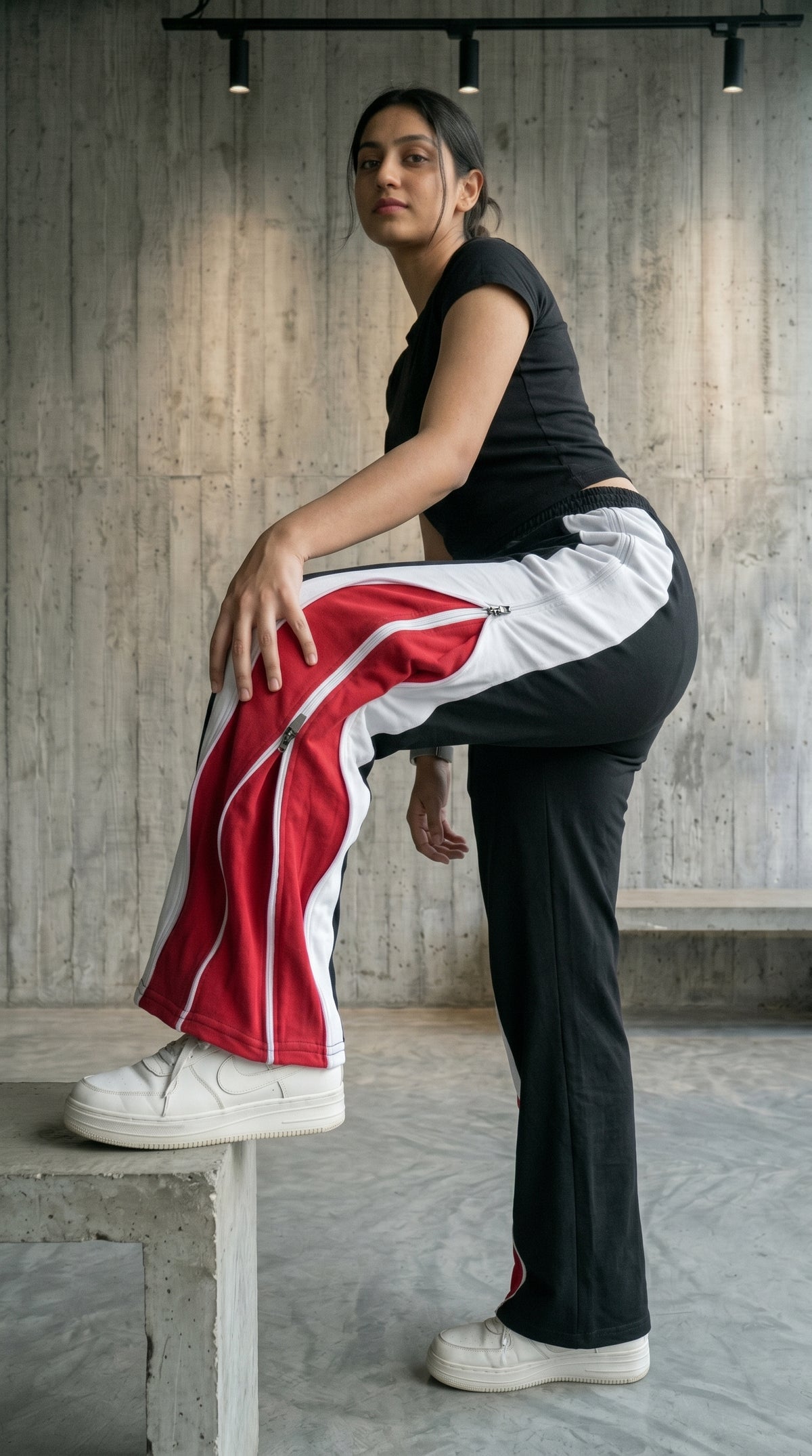 Triple Layer Zip Track Pants – Relaxed Fit | Black with White & Red Panel 260 GSM-9