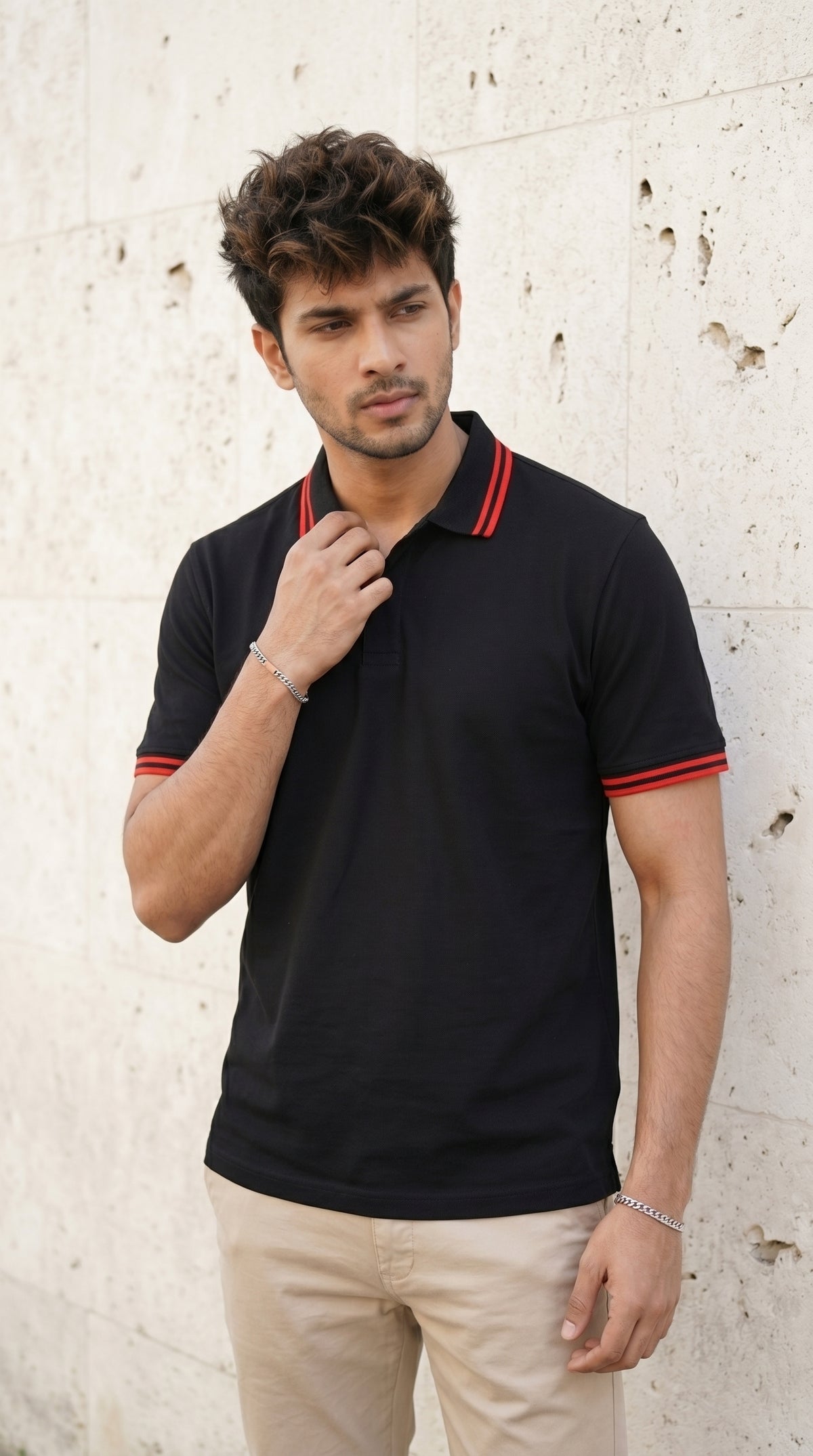 Black Polo Tee with Crimson Stripe Detail-3