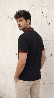Black Polo Tee with Crimson Stripe Detail