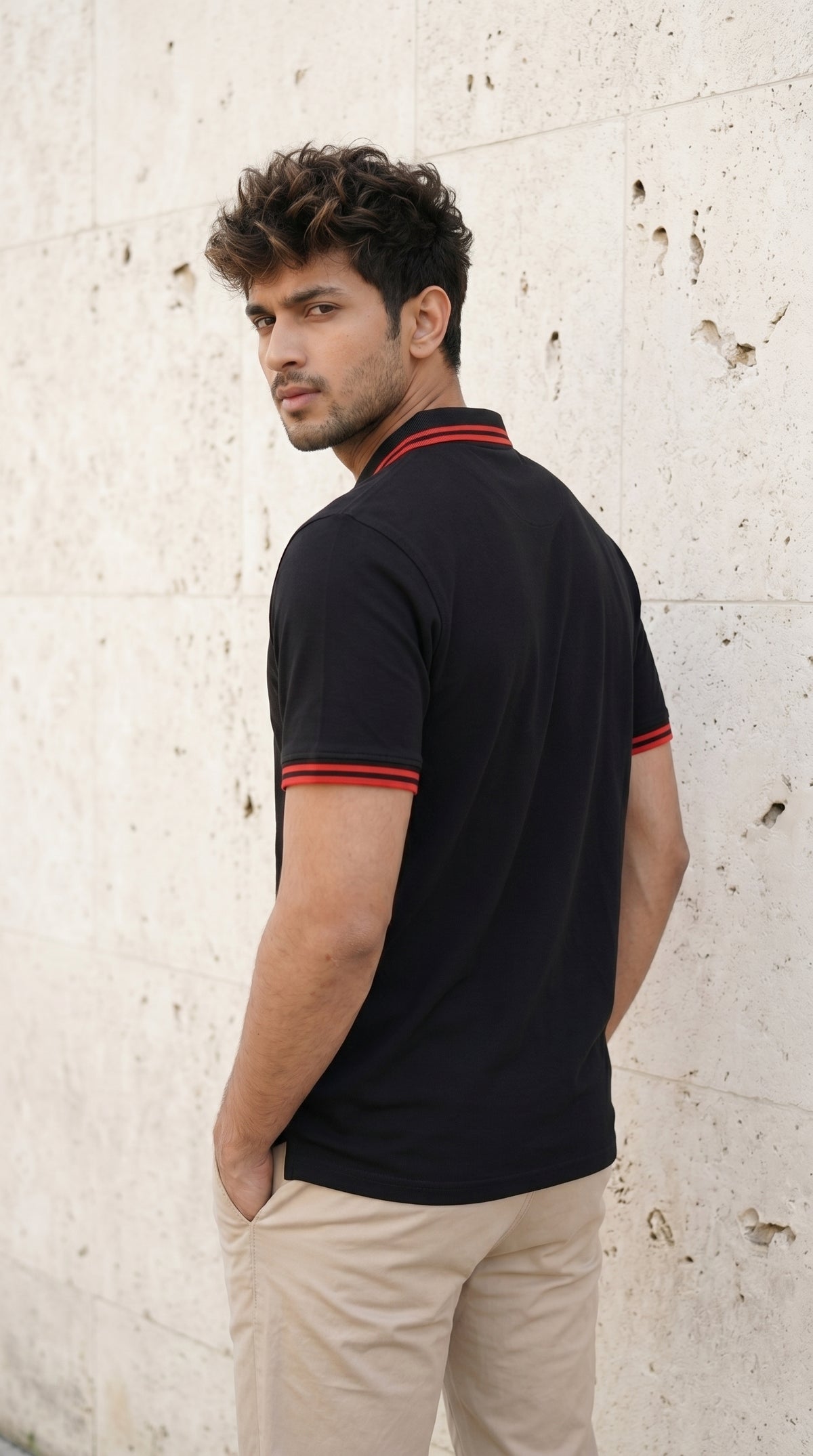 Black Polo Tee with Crimson Stripe Detail-4