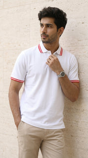 White Polo Tee with Red Stripe Detail