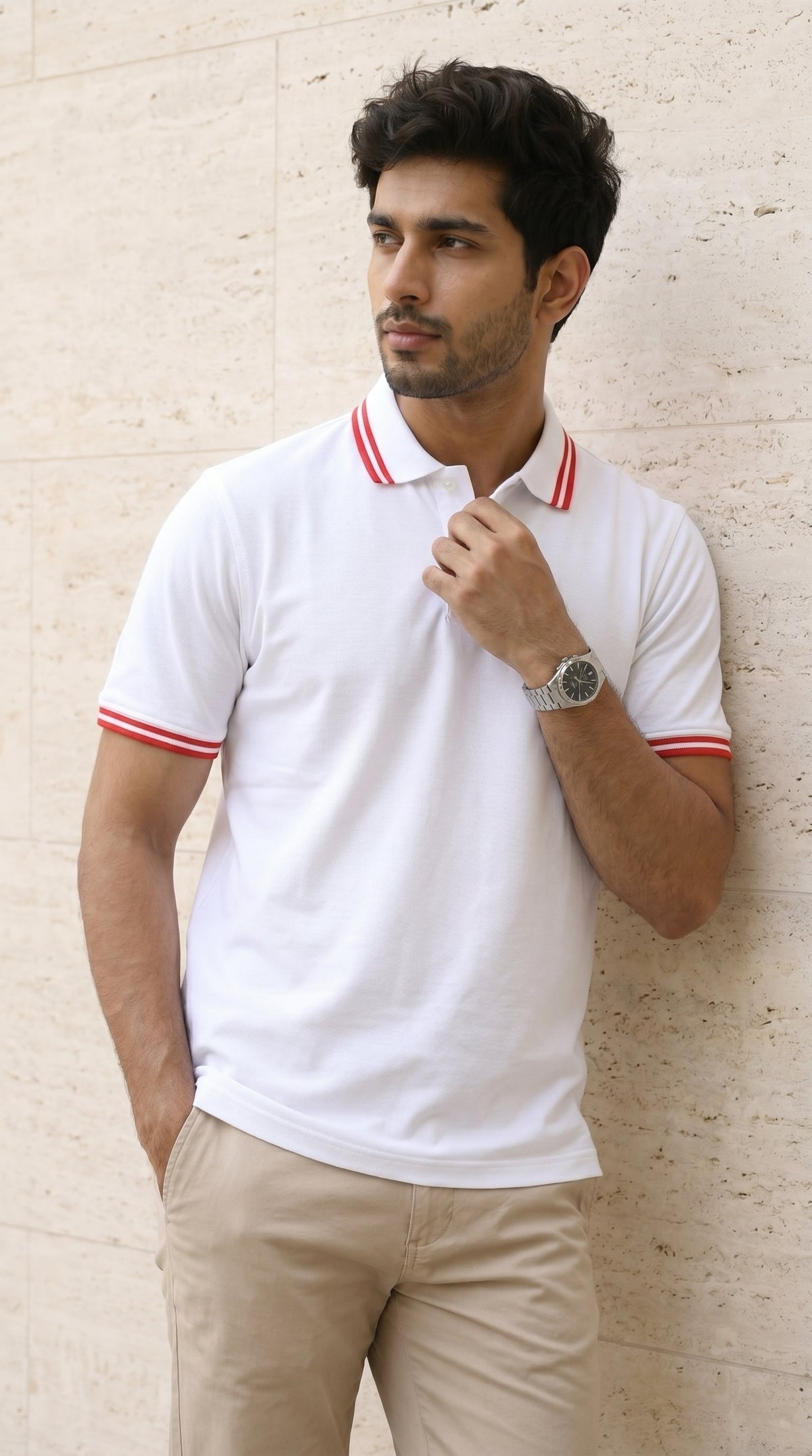 White Polo Tee with Red Stripe Detail-8