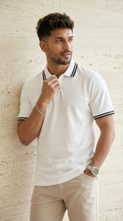 White Polo Tee with Black Stripe Detail