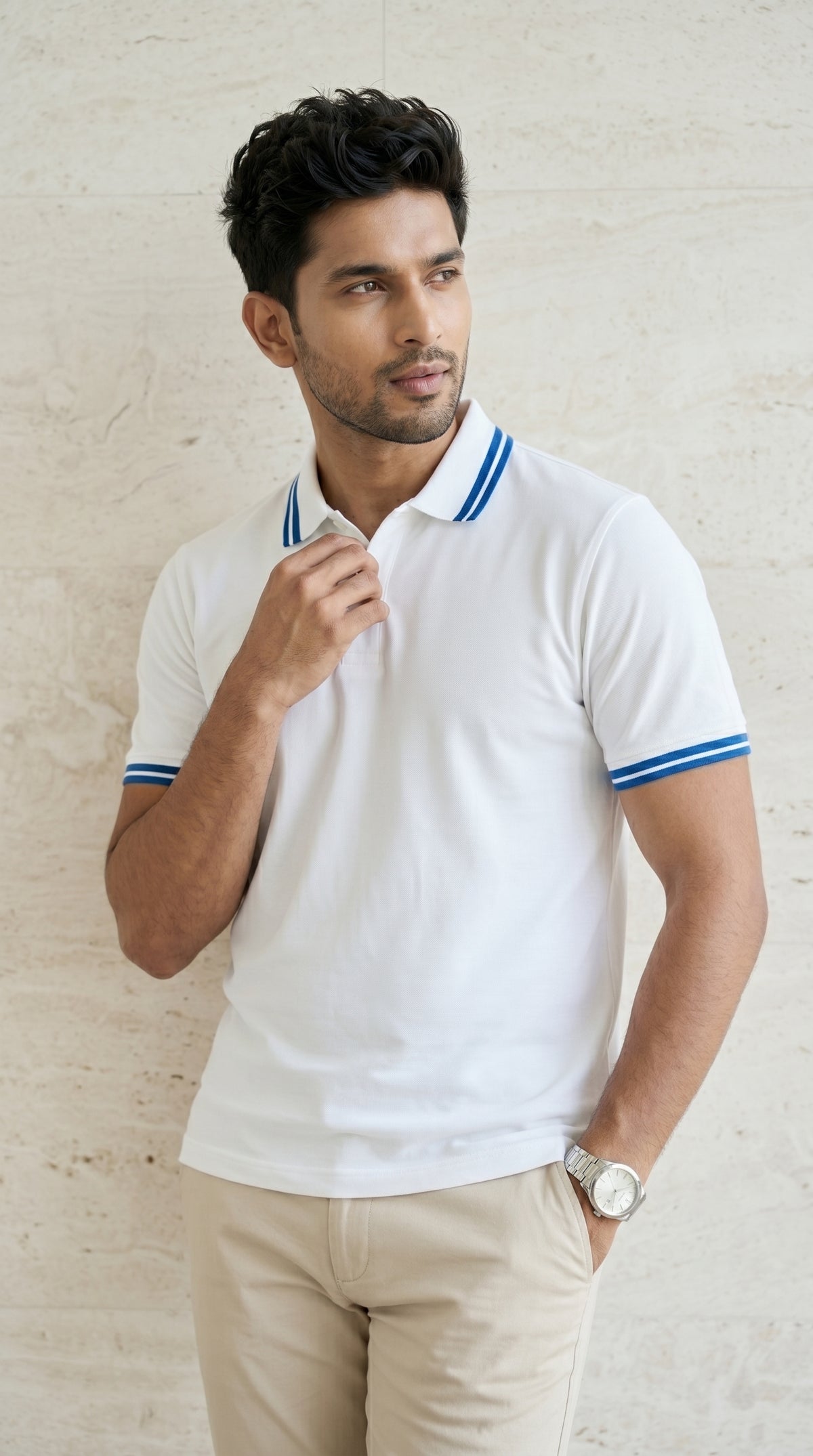 White Polo Tee with Blue Stripe Detail