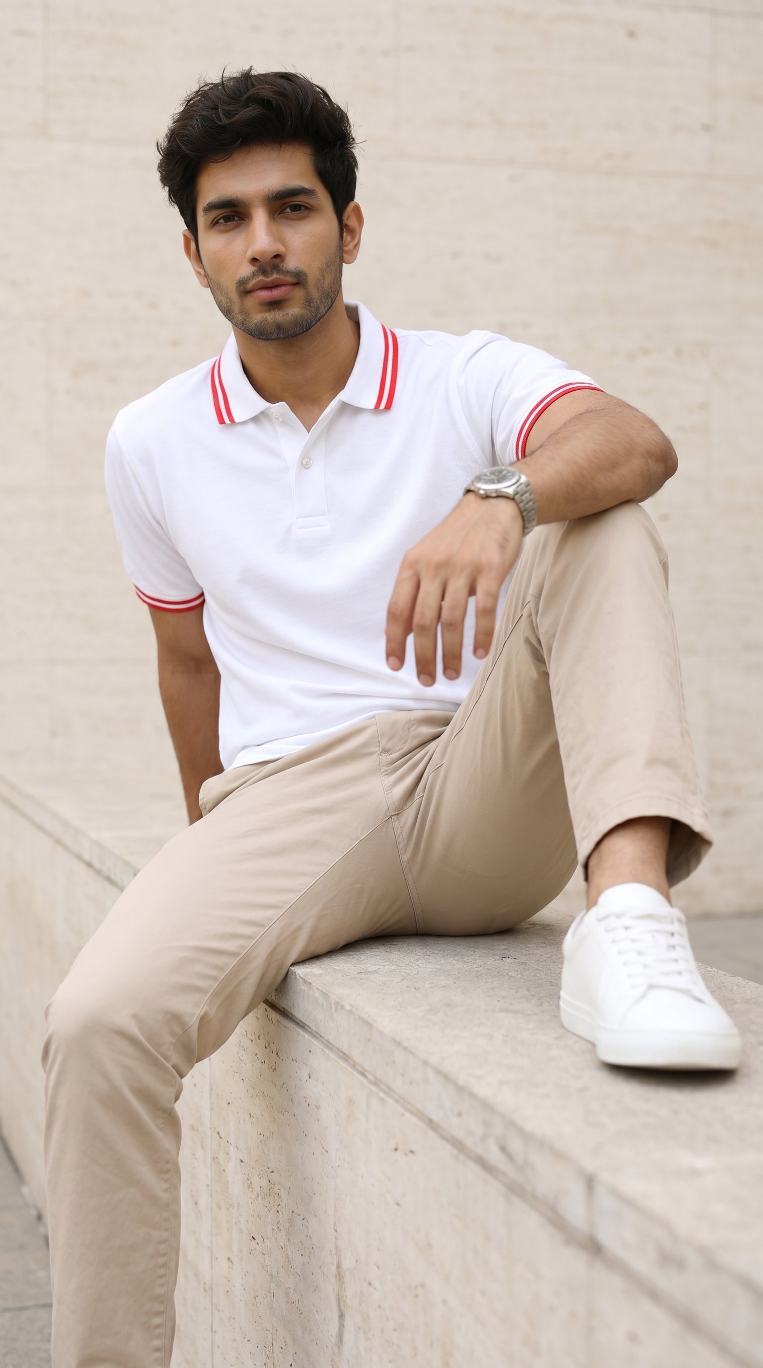 White Polo Tee with Red Stripe Detail