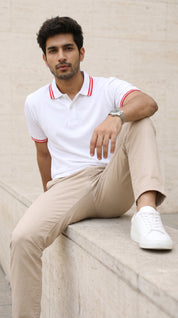 White Polo Tee with Red Stripe Detail