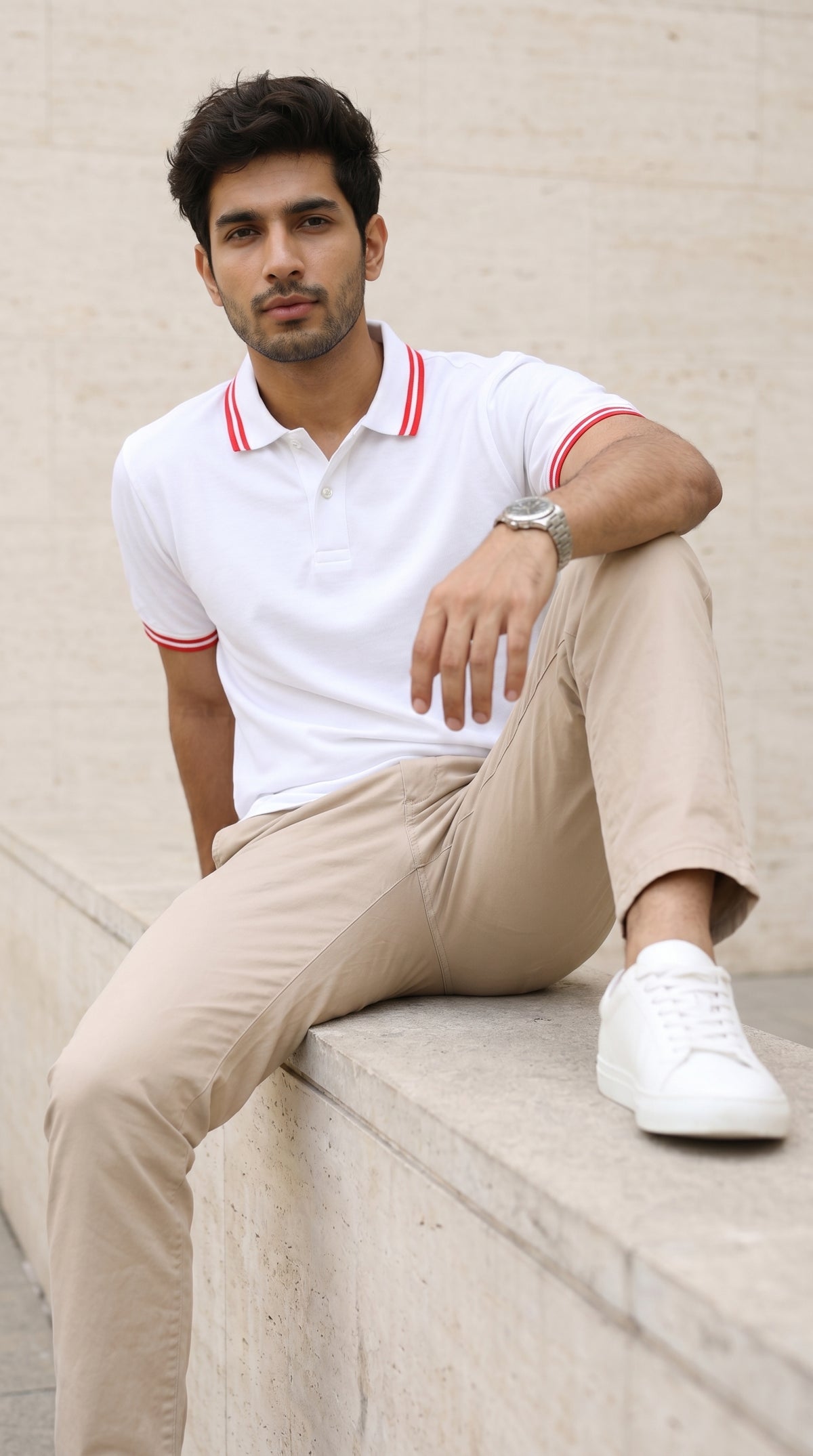 White Polo Tee with Red Stripe Detail