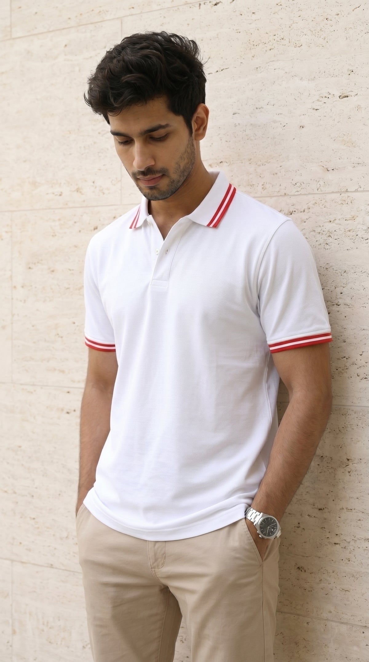 White Polo Tee with Red Stripe Detail-4