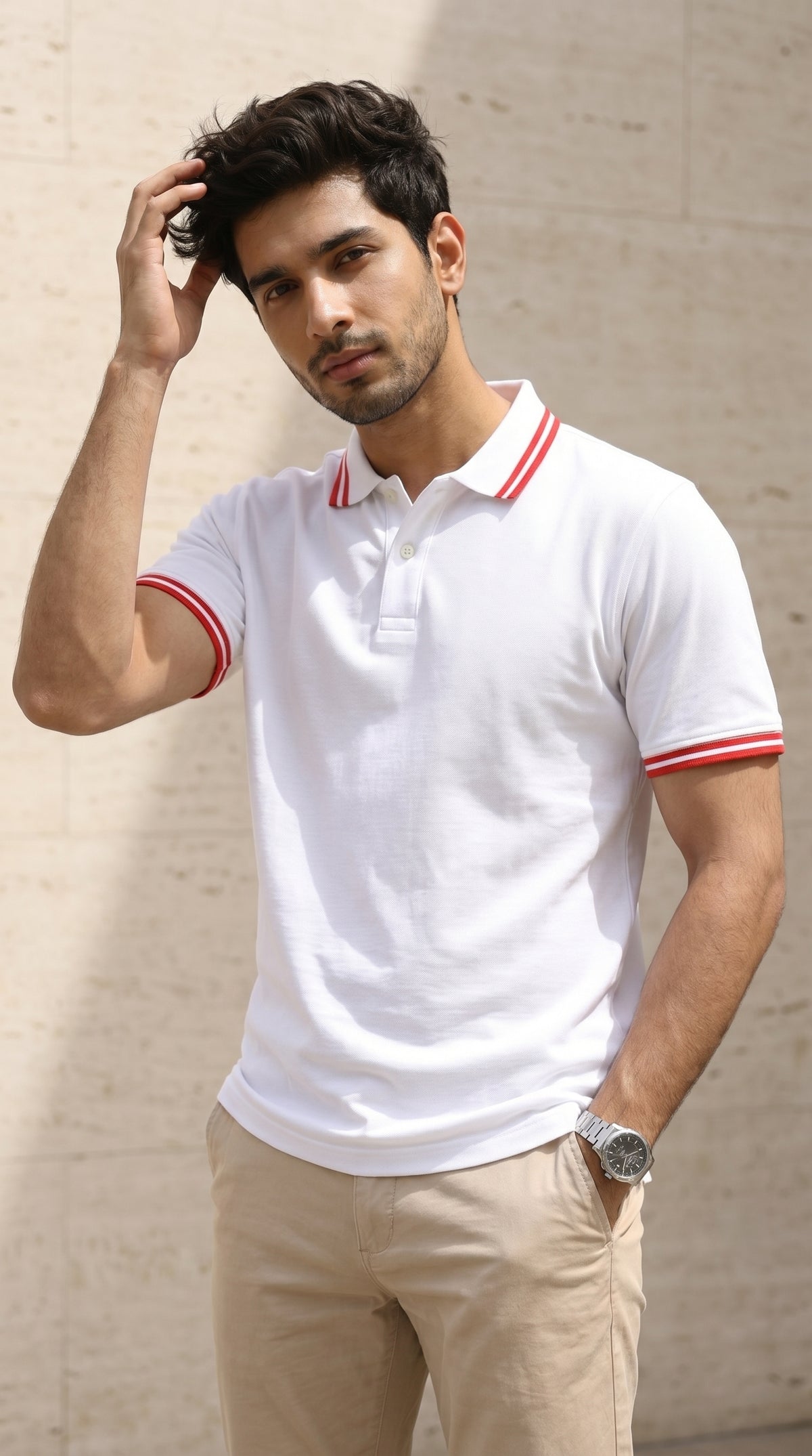 White Polo Tee with Red Stripe Detail-6