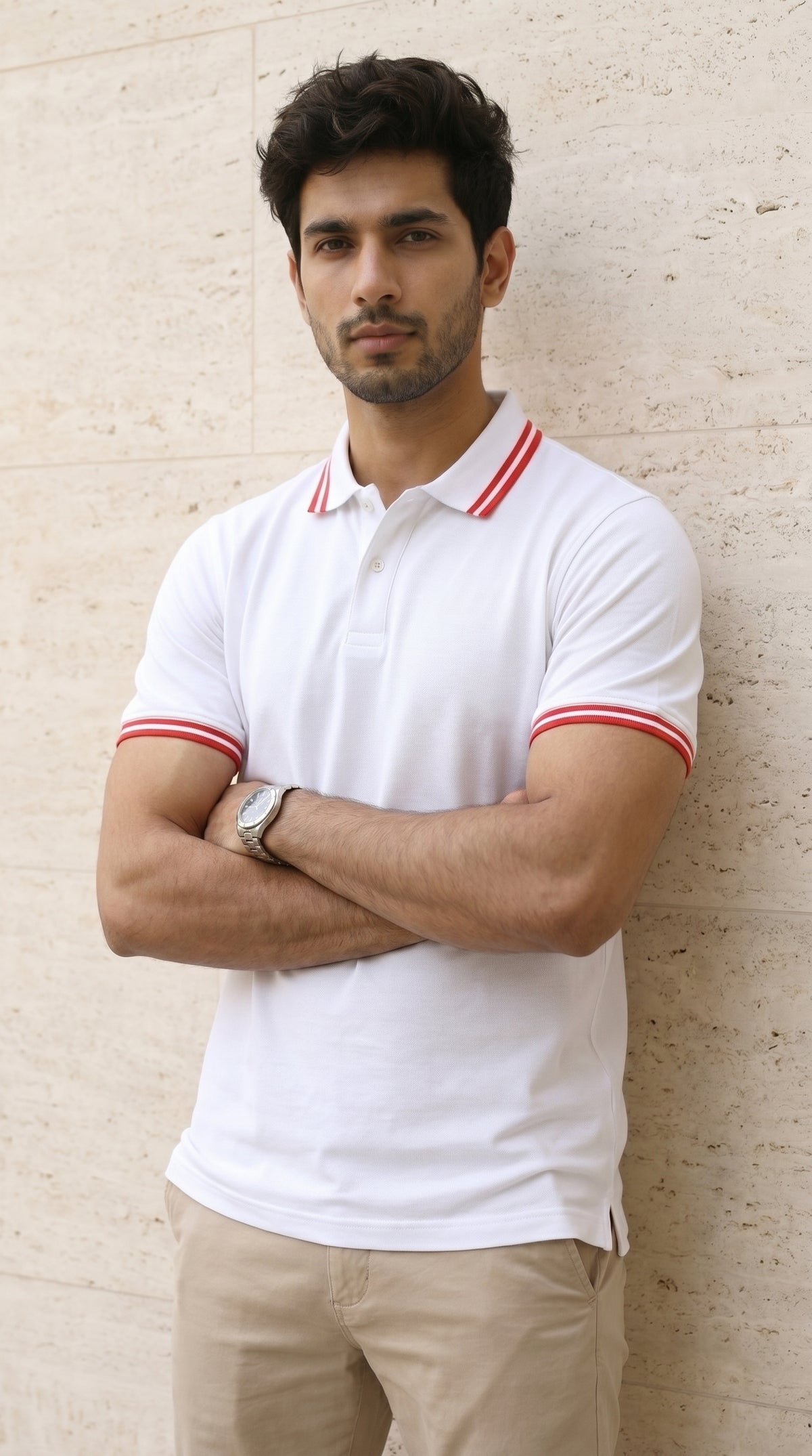 White Polo Tee with Red Stripe Detail-5
