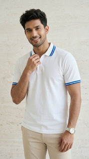 White Polo Tee with Blue Stripe Detail