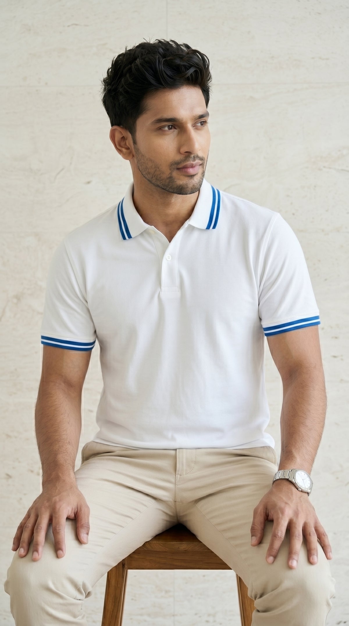 White Polo Tee with Blue Stripe Detail-3