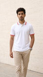 White Polo Tee with Red Stripe Detail